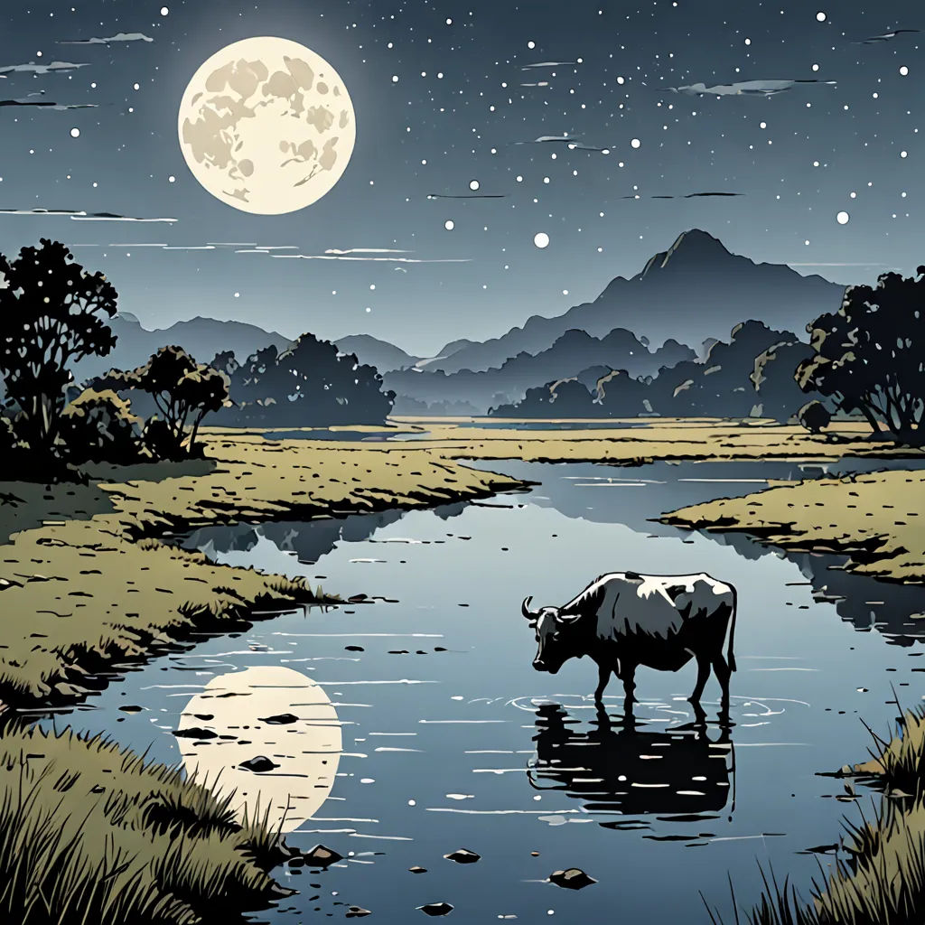 a cow is standing in the water at night with the moon in the sky above it and a mountain range in the background, naturalism, a storybook illustration, Asaf Hanuka, laurie greasley
