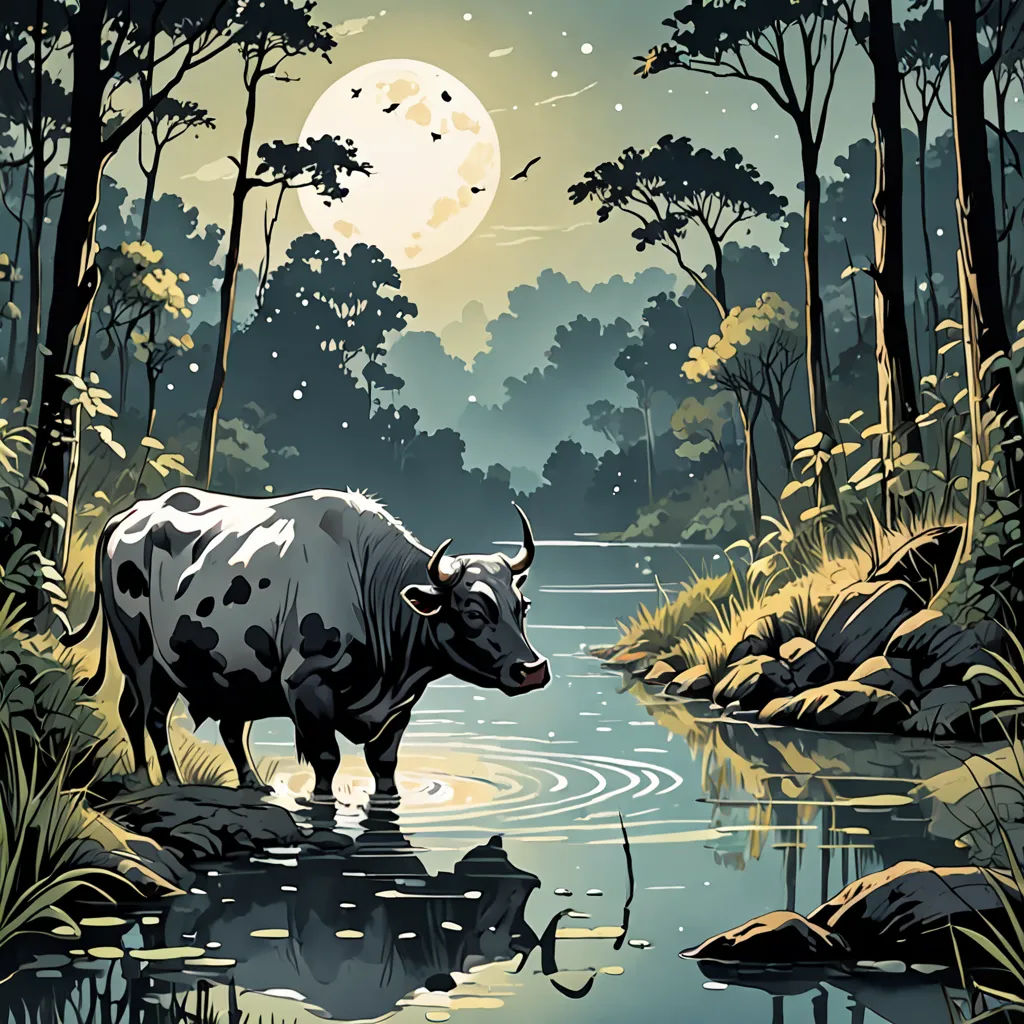 a cow standing in a river next to a forest filled with trees and a full moon in the sky, naturalism, a storybook illustration, Dan Mumford, full moon