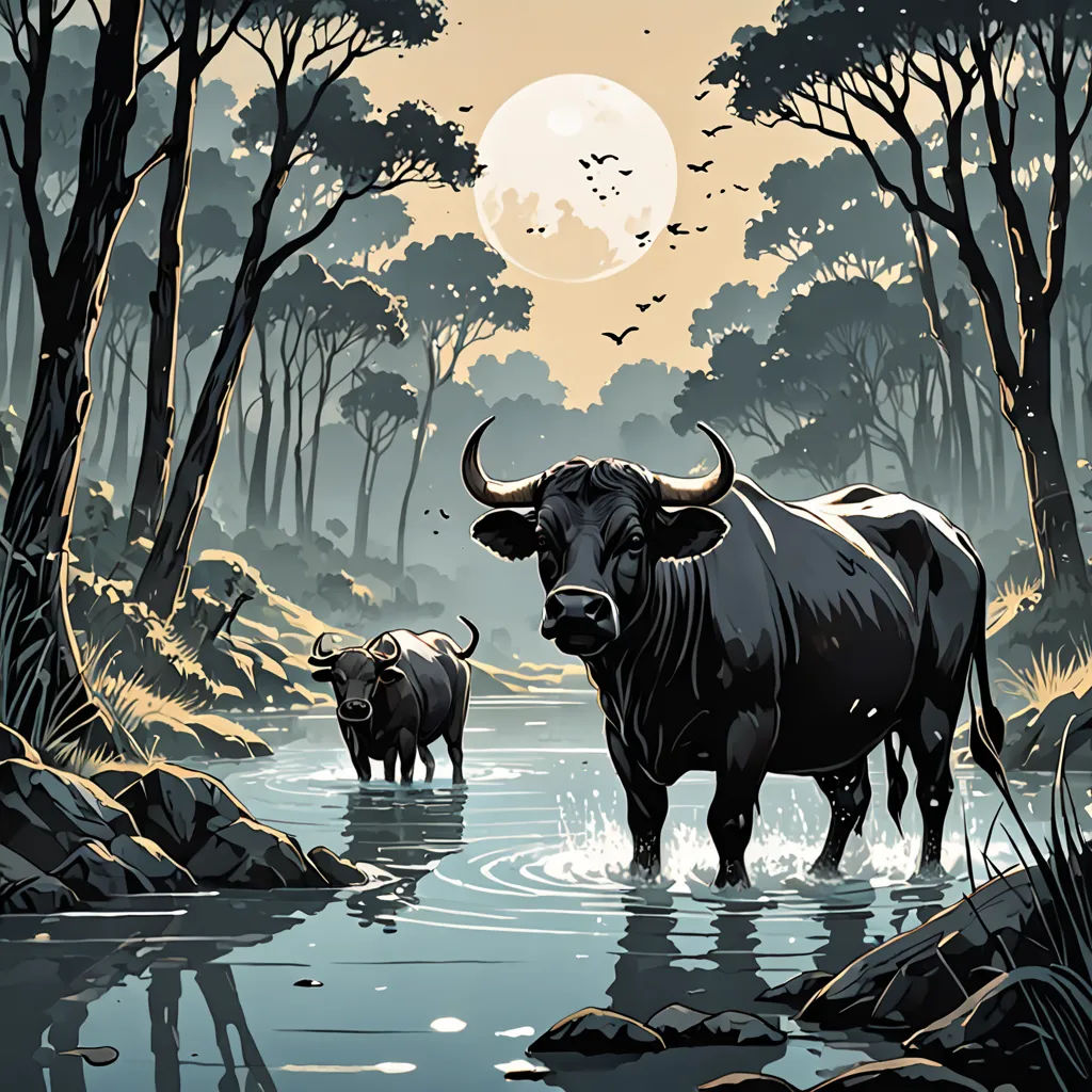 a painting of a bull and a cow in a river at night with a full moon in the background, naturalism, poster art, Dan Mumford, josan gonzales and dan mumford