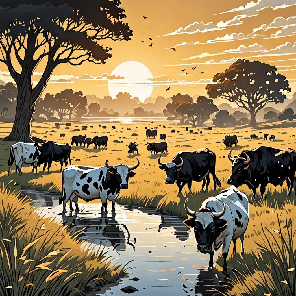 a painting of a herd of cattle grazing in a field at sunset with a stream running through the grass, environmental art, a comic book panel, Dan Mumford, laurie greasley