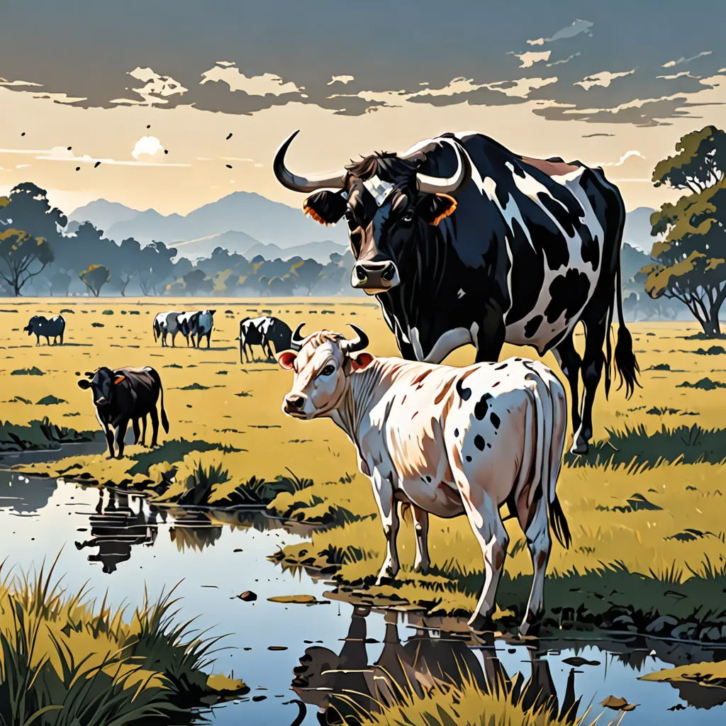 a painting of a cow and a cow standing in a field of grass and water with other cows in the background, american scene painting, an airbrush painting, Brothers Hildebrandt, walton ford