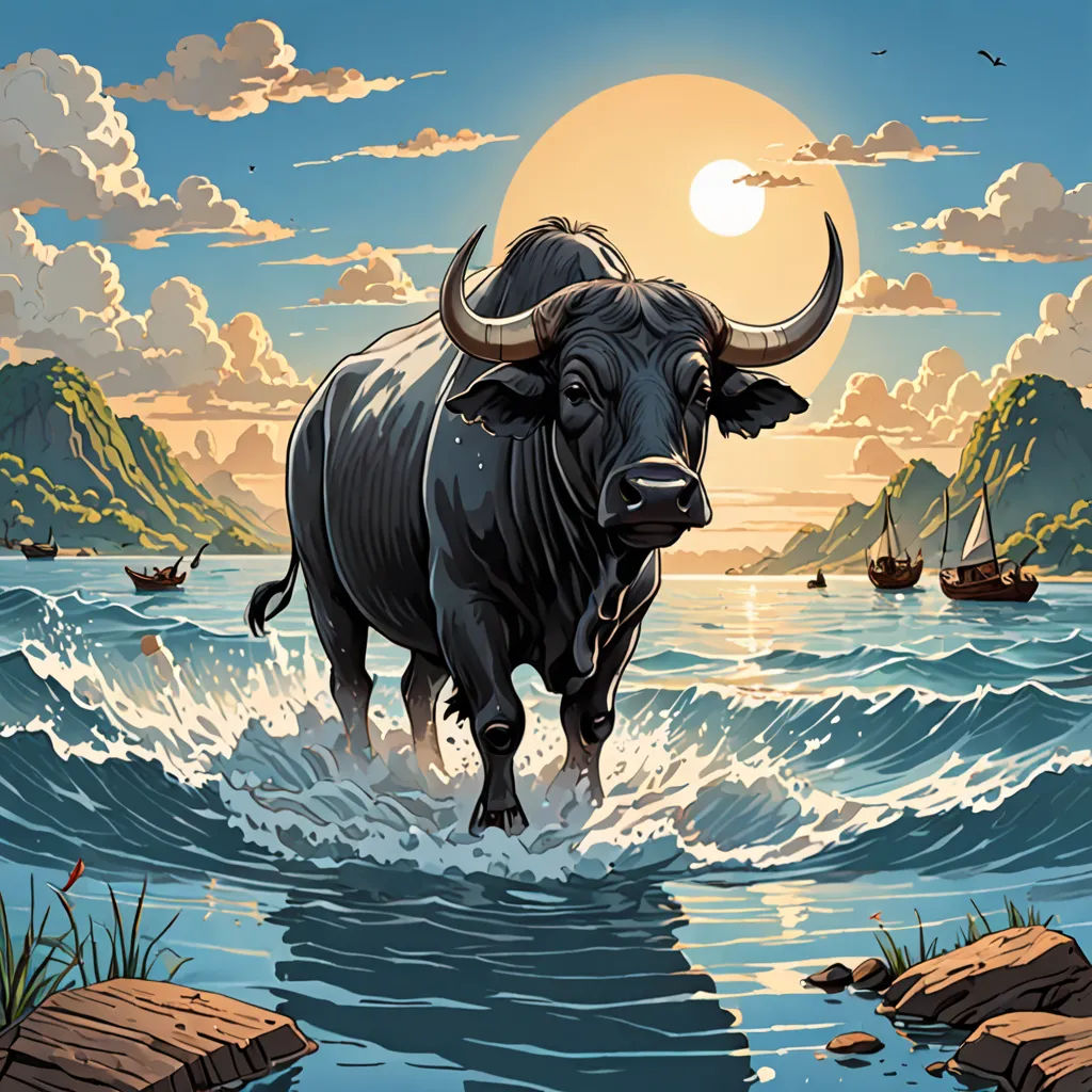 a bull is walking through the water with a boat in the background and a sunset in the background with clouds, sumatraism, a storybook illustration, Dan Mumford, josan gonzales and dan mumford