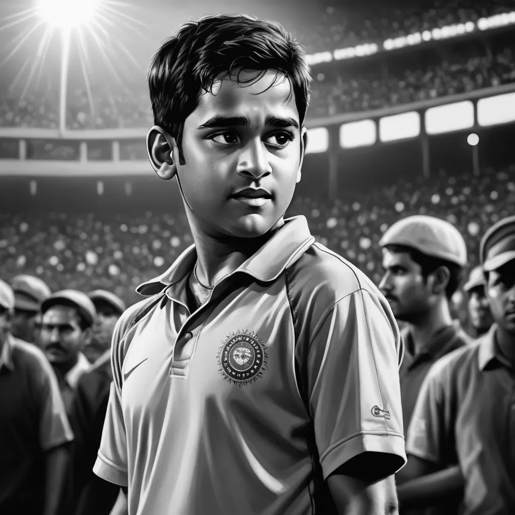a black and white photo of a man in a cricket uniform in front of a crowd of people in a stadium, photorealism, a digital painting, Bikash Bhattacharjee, highly detailed digital painting