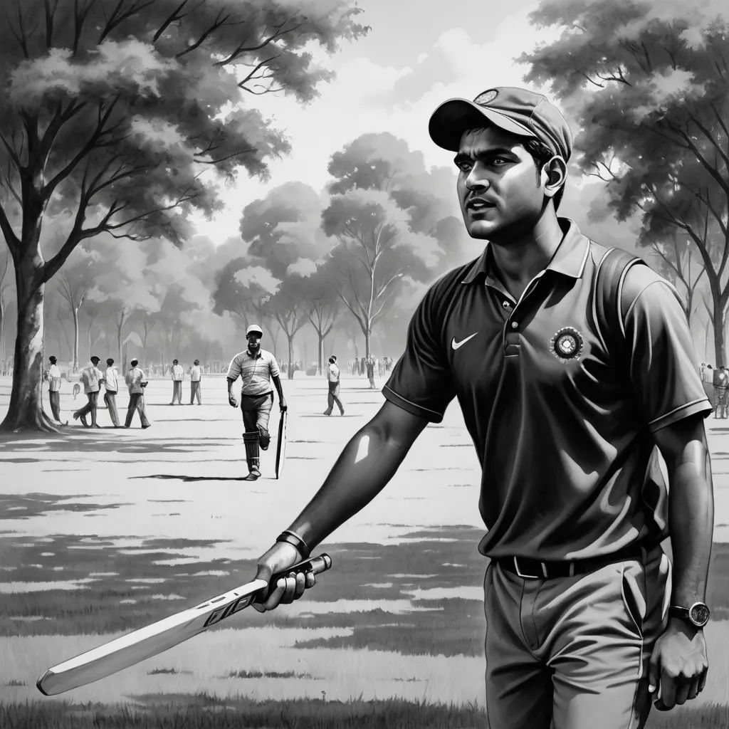 a man holding a baseball bat in a park with a group of people in the background in black and white, modern european ink painting, an ultrafine detailed painting, Bhupen Khakhar, jayison devadas