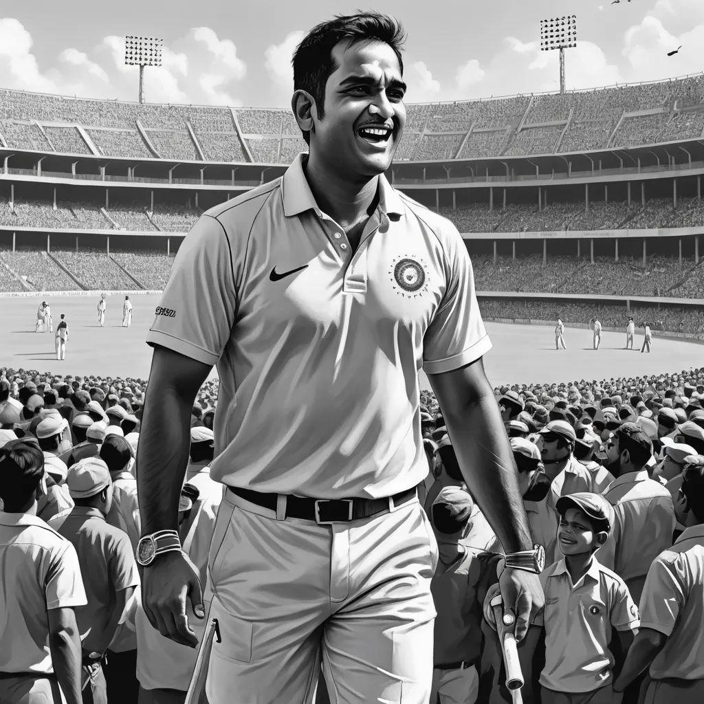 a man standing in front of a crowd of people in a stadium with a bat in his hand and a ball in his hand, samikshavad, a black and white photo, Bholekar Srihari, promotional image