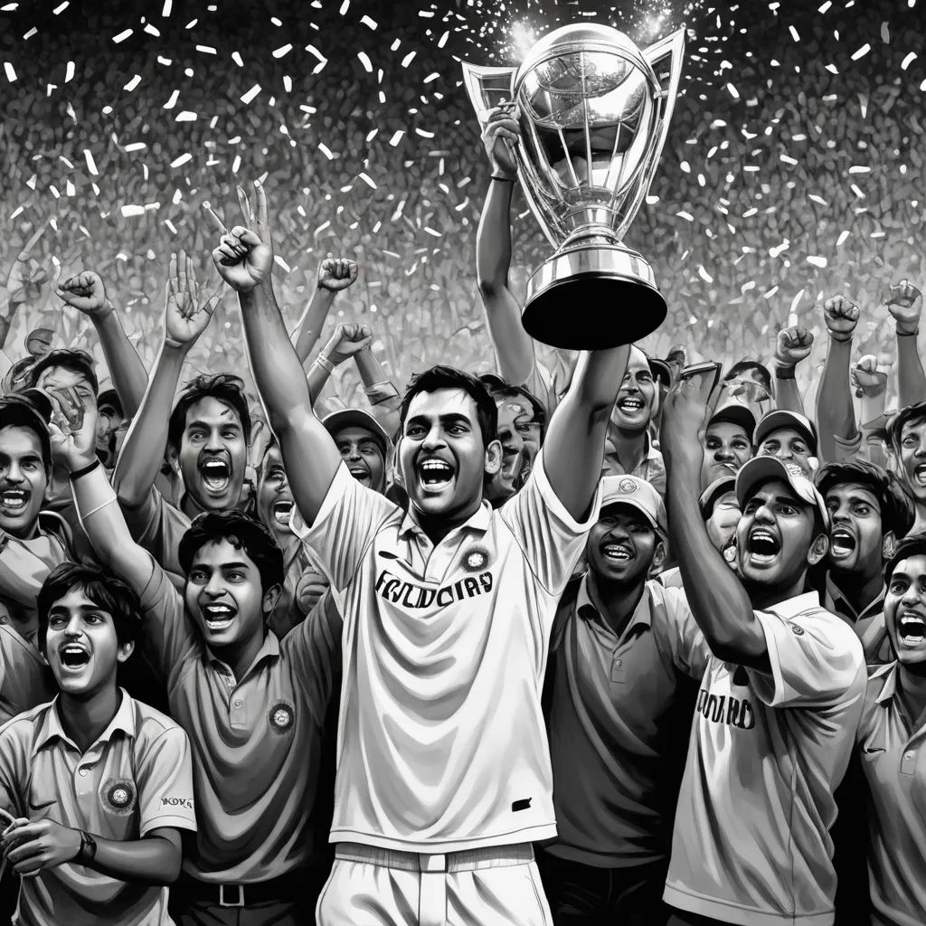 a man holding a trophy in front of a crowd of people with confetti in their hands and confetti in his mouth, lyco art, a black and white photo, Bapu, highly detailed digital painting