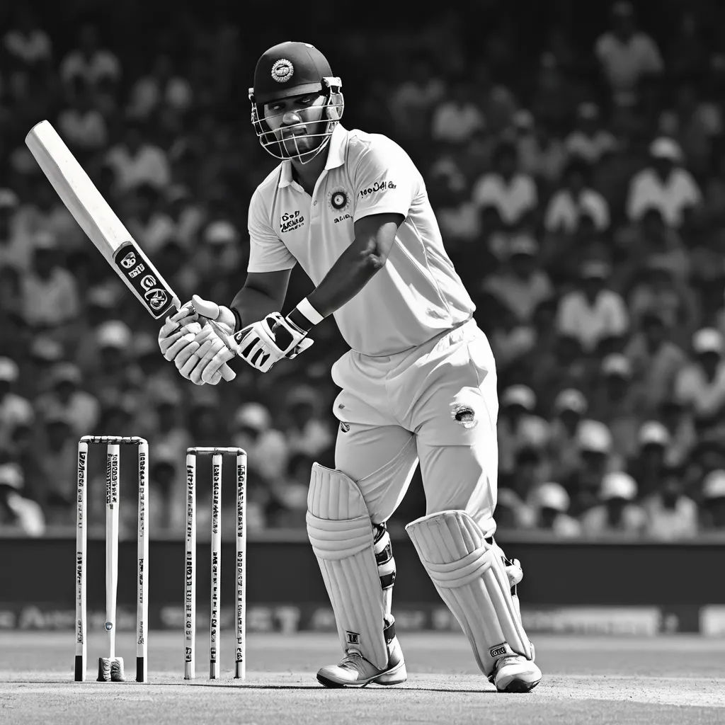 a man in a white uniform playing a game of cricket with a bat and ball in his hand and a crowd watching, samikshavad, a black and white photo, Bholekar Srihari, promotional image