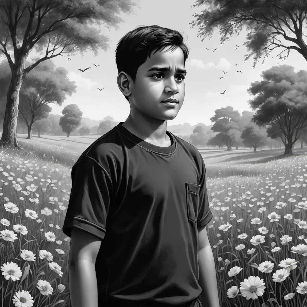 a boy standing in a field of flowers with trees in the background and birds flying overhead in the sky, samikshavad, an ultrafine detailed painting, Bhupen Khakhar, graphic novel