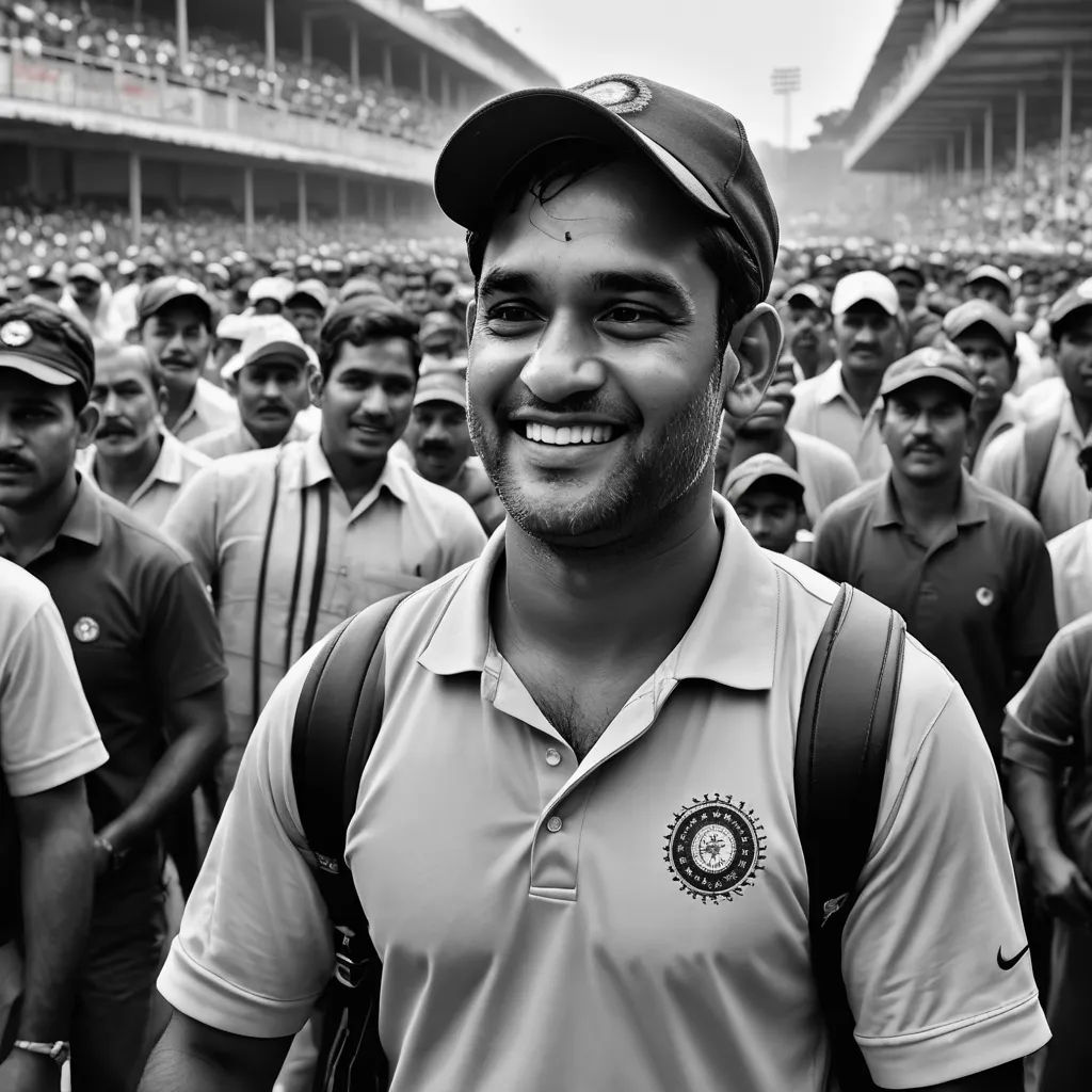 a man in a baseball cap smiles in front of a crowd of men in a stadium, all wearing polo shirts, samikshavad, a black and white photo, Bholekar Srihari, jayison devadas