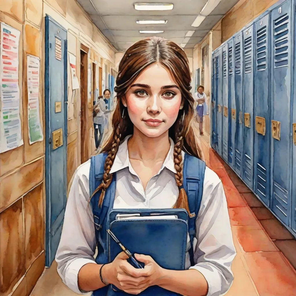 a painting of a girl holding a folder in a hallway with lockers on the walls and a clipboard in her hand, hyperrealism, a photorealistic painting, Bob Byerley, extremely detailed oil painting