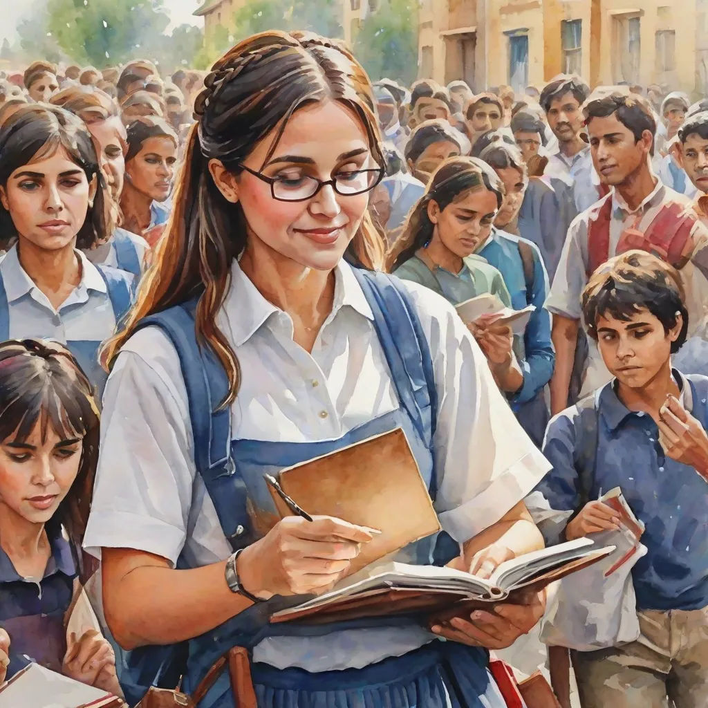 a painting of a girl in a school uniform reading a book with a group of other children behind her, bengal school of art, a detailed painting, Ella Guru, official art