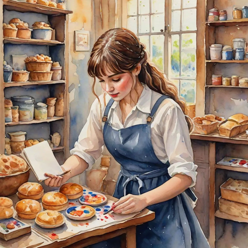 a painting of a woman working in a bakery with a tray of baked goods on the counter and a shelf of baked goods behind her, naive art, a detailed painting, Elinor Proby Adams, detailed painting