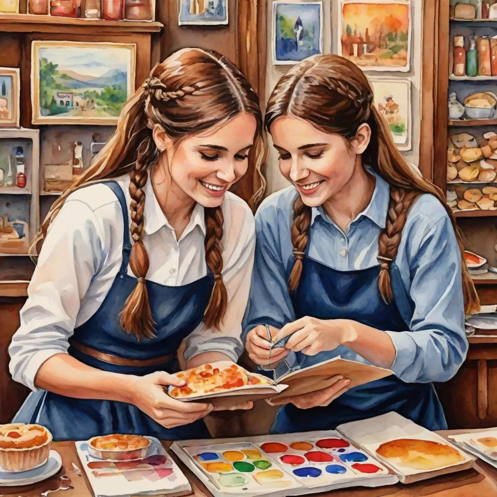 two girls are looking at a book together in a bakery with cupcakes and muffins on the table, naive art, a detailed painting, Brothers Hildebrandt, extremely detailed oil painting