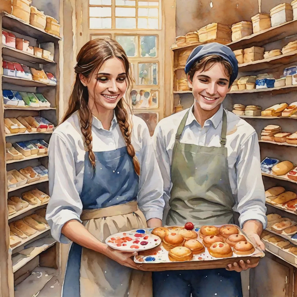 a painting of two people holding a tray of doughnuts in a bakery shop with shelves of bread and pastries, figurative art, a photorealistic painting, Bob Byerley, extremely detailed oil painting