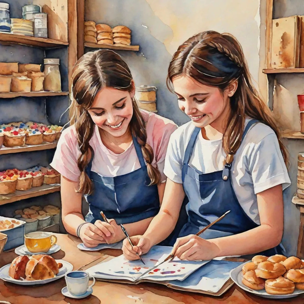two girls are painting on a paper in a bakery with pastries on the shelves behind them and a cup of coffee, figurative art, a detailed painting, Bob Byerley, extremely detailed oil painting