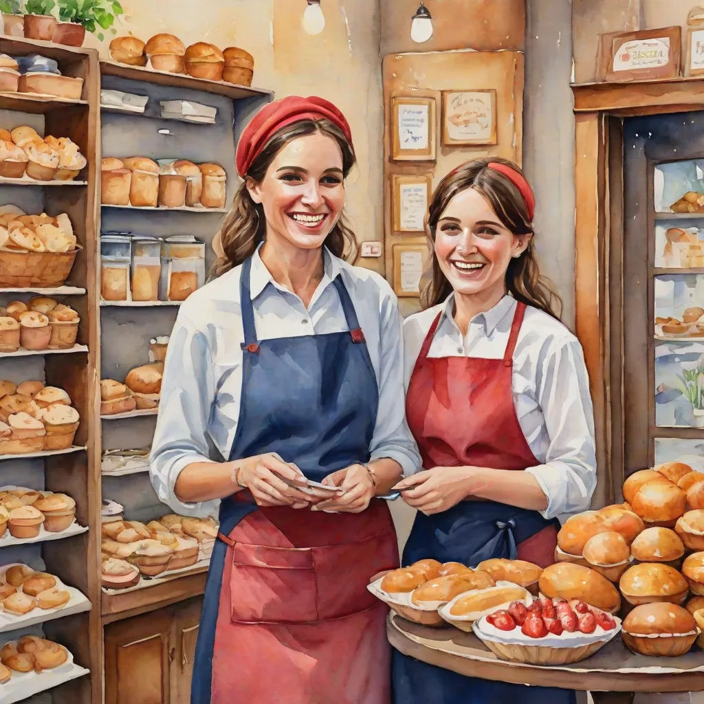 two women in aprons are standing in front of a bakery display of baked goods and pastries,, photorealism, a photorealistic painting, Brothers Hildebrandt, highly detailed digital painting
