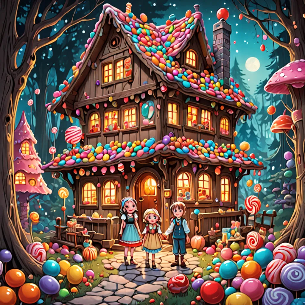 a painting of a house with candy land in the background and a couple standing in front of it with a candy land in the foreground, fantasy art, a storybook illustration, Chris LaBrooy, highly detailed digital painting