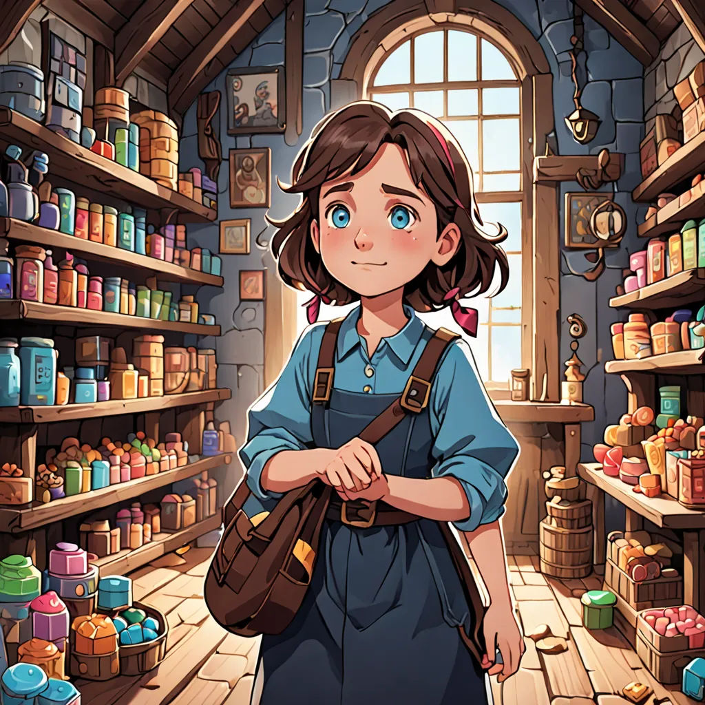 a woman in a shop with a bag in her hand and shelves full of goods behind her, and a window with a window, fantasy art, a storybook illustration, Anne Said, 2 d game art