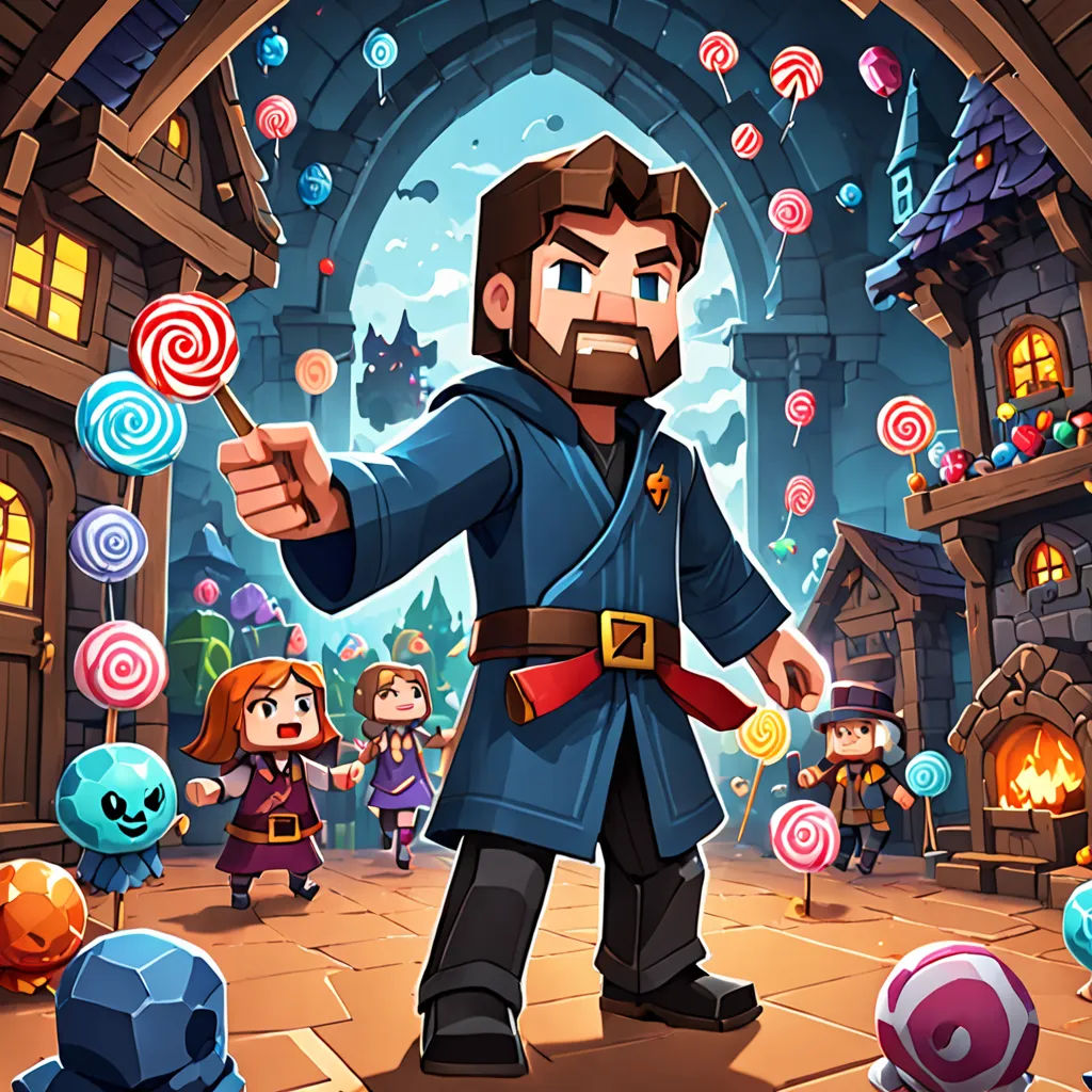 a man holding a lollipop in front of a bunch of candy lollipops in a cartoon style, sots art, concept art, Dan Content, key art