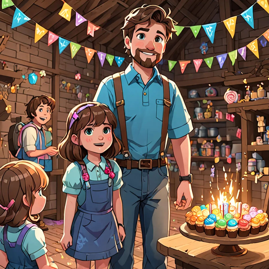 a man standing in front of a cake with candles on it and a little girl standing next to it, sots art, a storybook illustration, Dan Content, official art