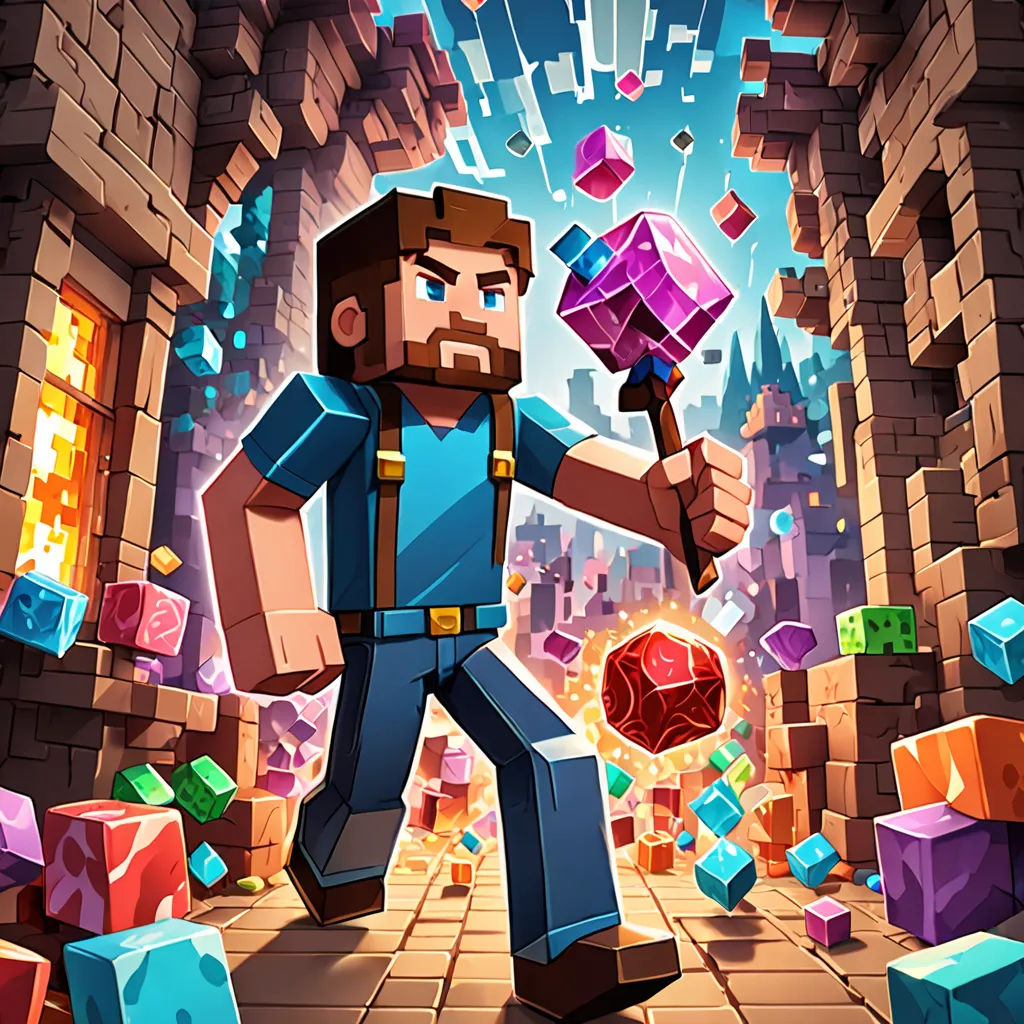 a man holding a hammer in a minecraft game with blocks and cubes all around him and a city in the background, sots art, concept art, Cedric Seaut (Keos Masons), key art