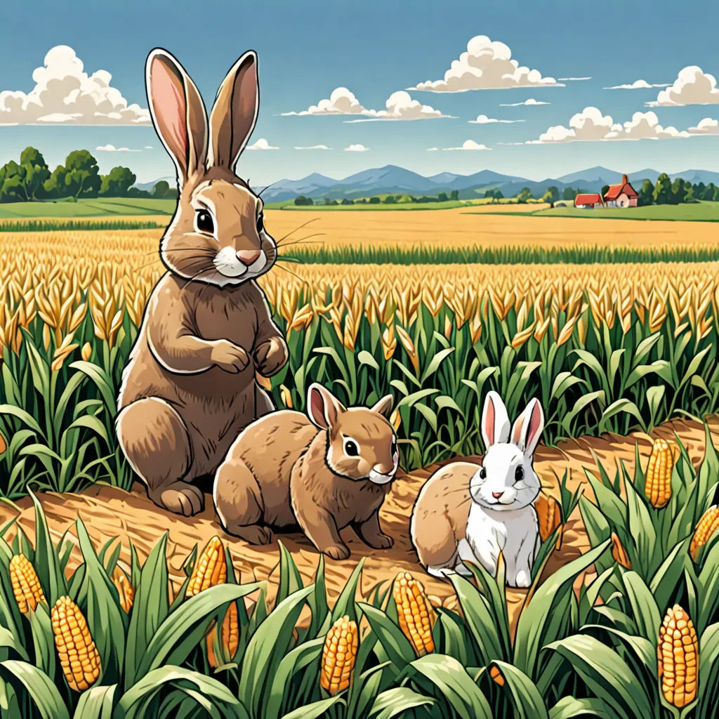 a rabbit and two rabbits in a corn field with a farm in the background illustration by john wyee, context art, a storybook illustration, Chris LaBrooy, official art