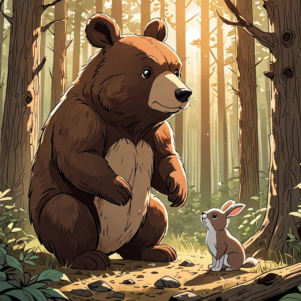 a bear and a rabbit in a forest with trees and rocks and sunlight shining through the trees and leaves, furry art, a storybook illustration, Chris LaBrooy, storybook illustration