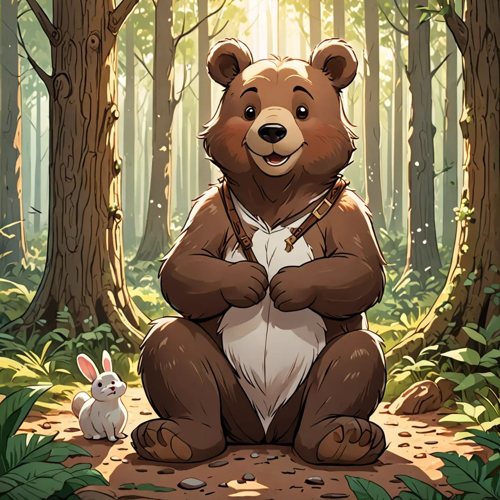 a bear and a bunny sitting in the woods together, with the sun shining through the trees behind them, furry art, a storybook illustration, Chris Rallis, official art
