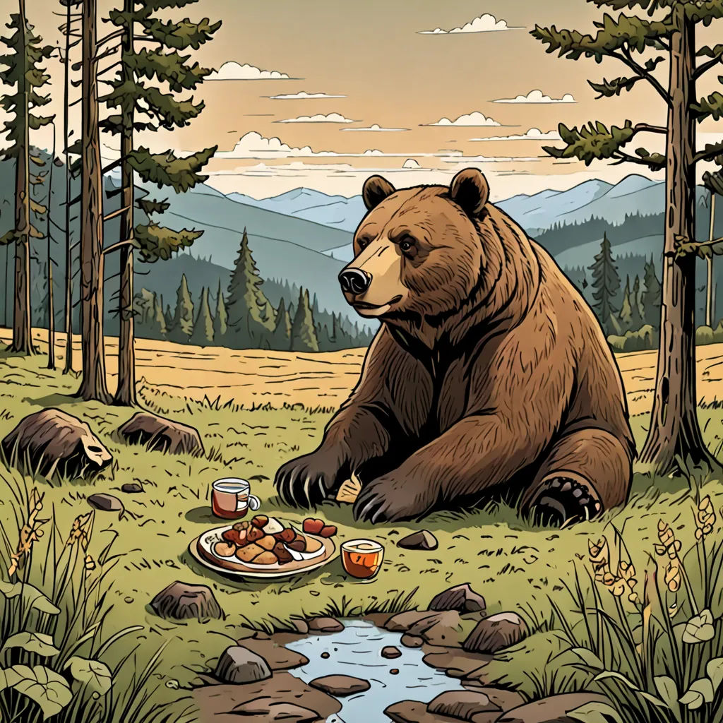 a bear sitting in the grass with a plate of food in front of him and a mountain in the background, lowbrow, a storybook illustration, Chris LaBrooy, josan gonzales and dan mumford