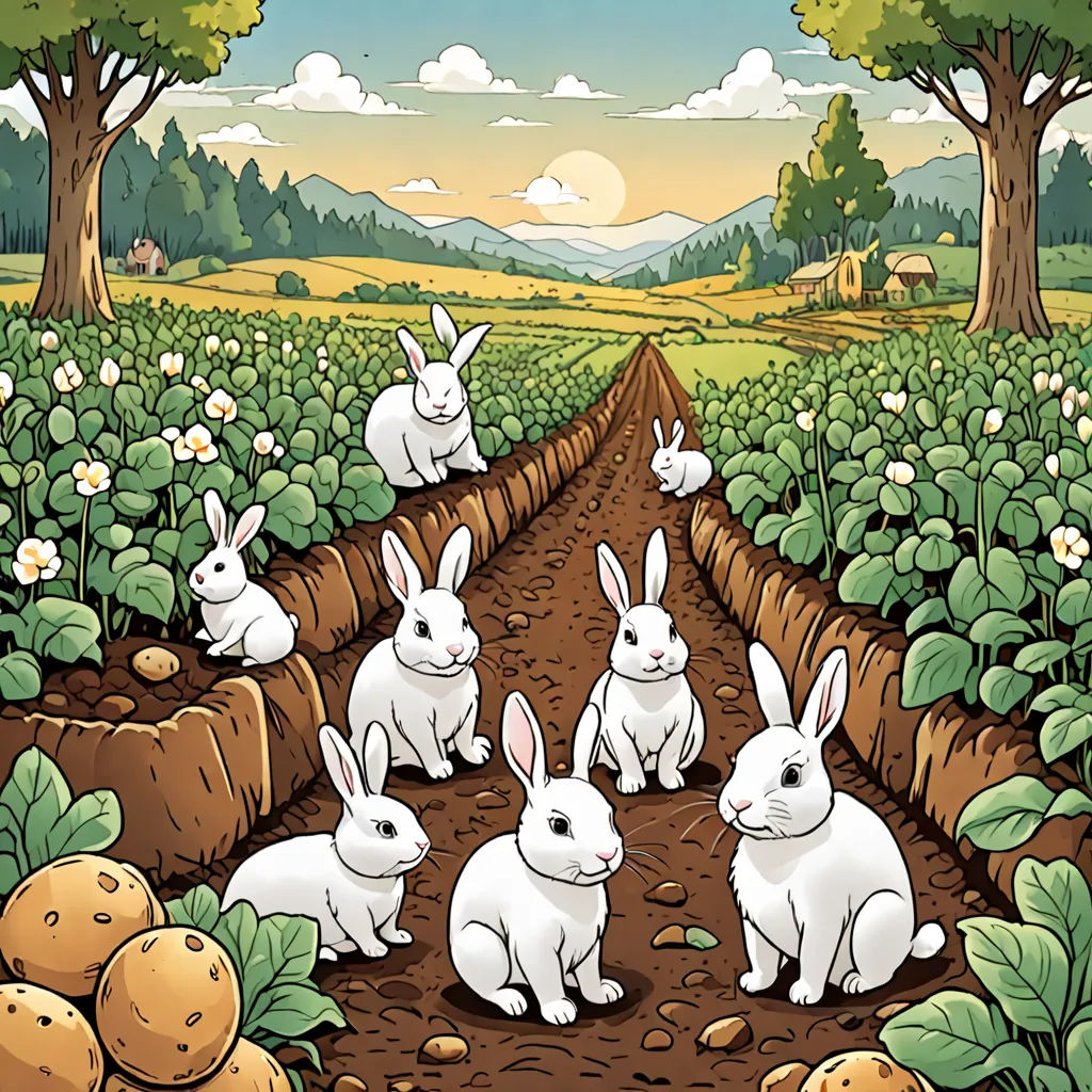 a group of rabbits sitting in a field of potatoes and carrots with a sunset in the background and a farm scene, psychedelic art, a storybook illustration, Dan Mumford, rossdraws global illumination
