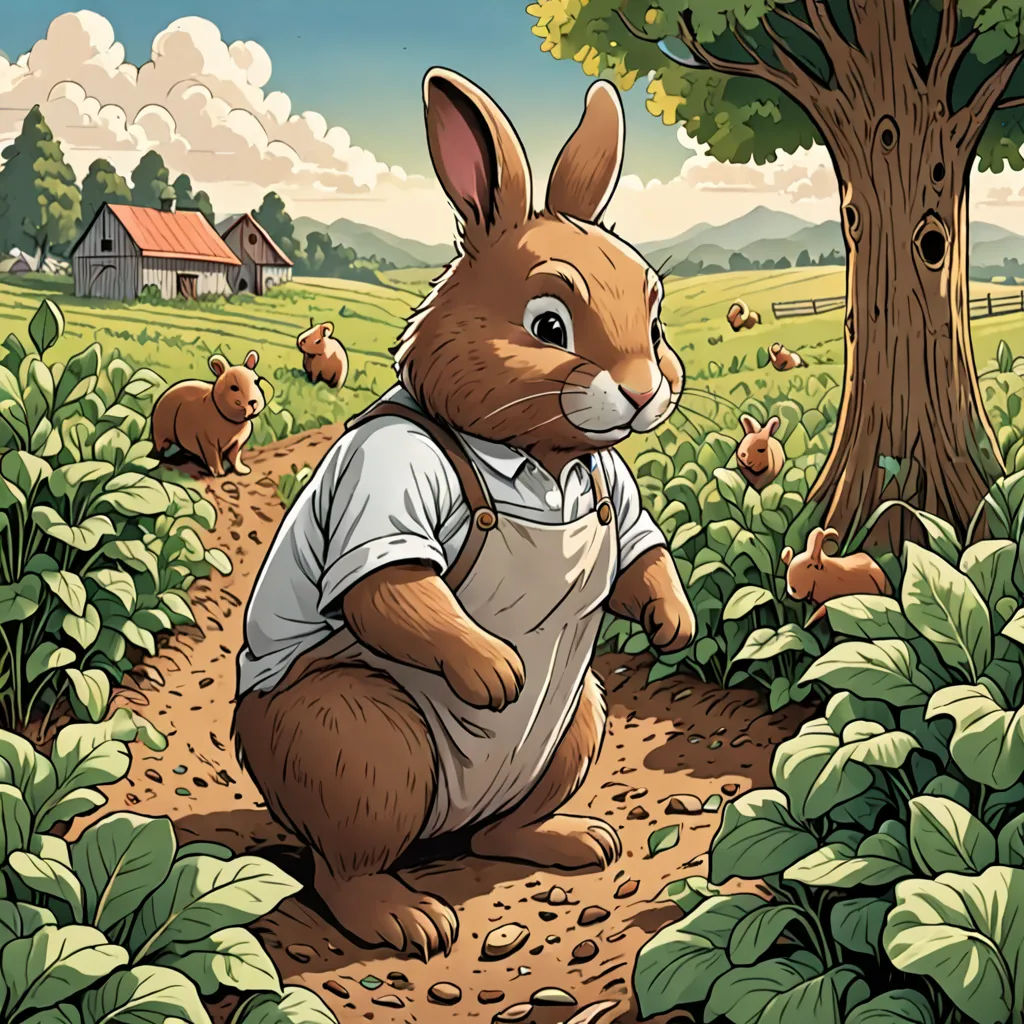 a rabbit in a field with a tree and other animals in the background, with a house in the background, furry art, a storybook illustration, Chris LaBrooy, josan gonzales and dan mumford