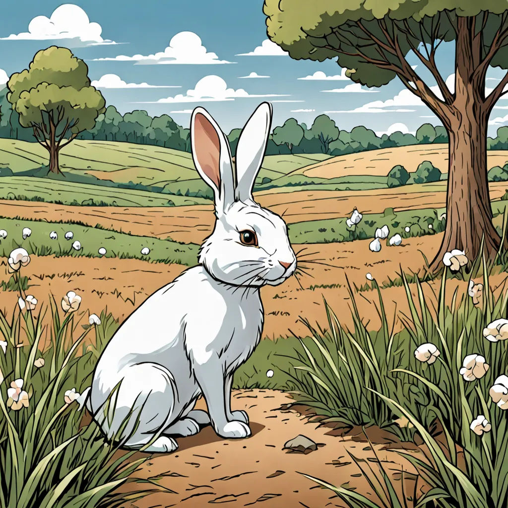 a white rabbit sitting in a field of grass and flowers with trees in the background and a blue sky with clouds, context art, a storybook illustration, Beatrix Potter, storybook illustration