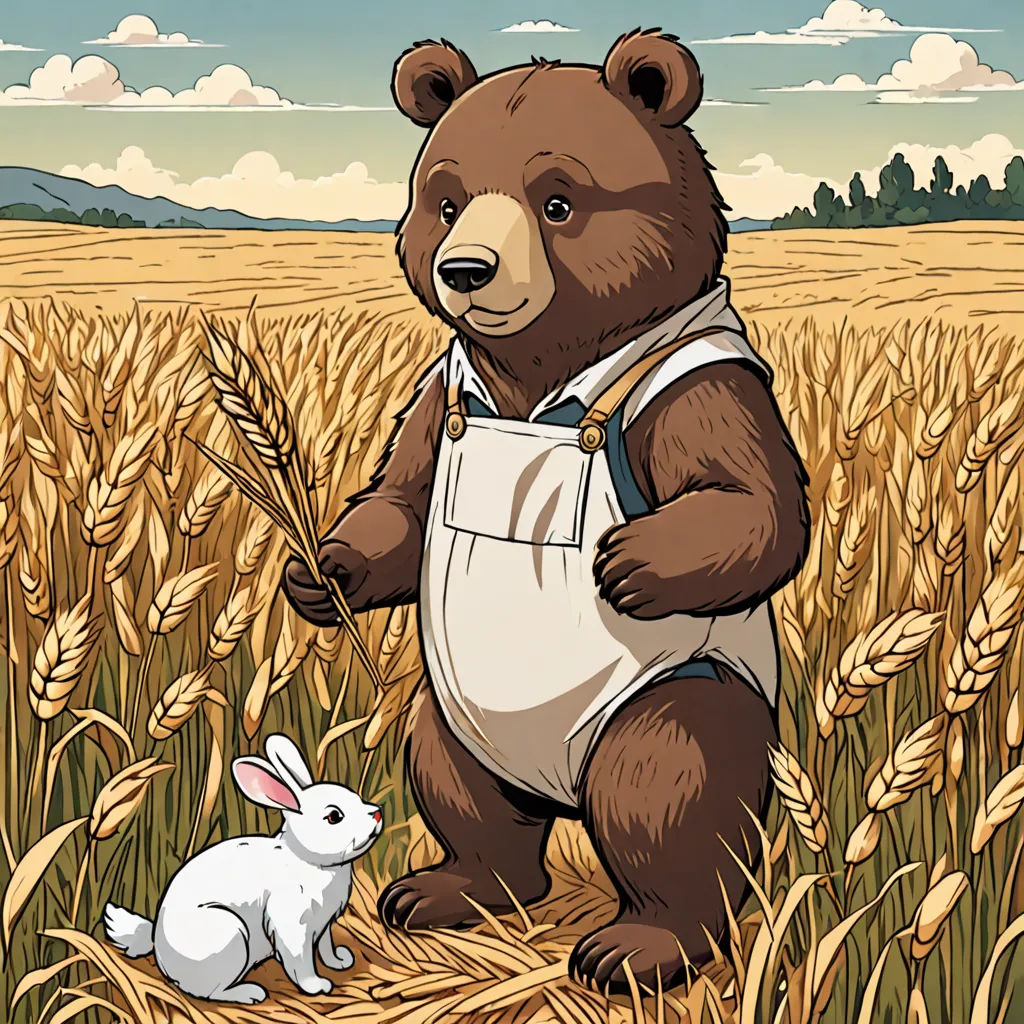 a bear and a bunny in a field of wheat with a sky background and clouds in the background,, furry art, a storybook illustration, Aaron Jasinski, storybook illustration