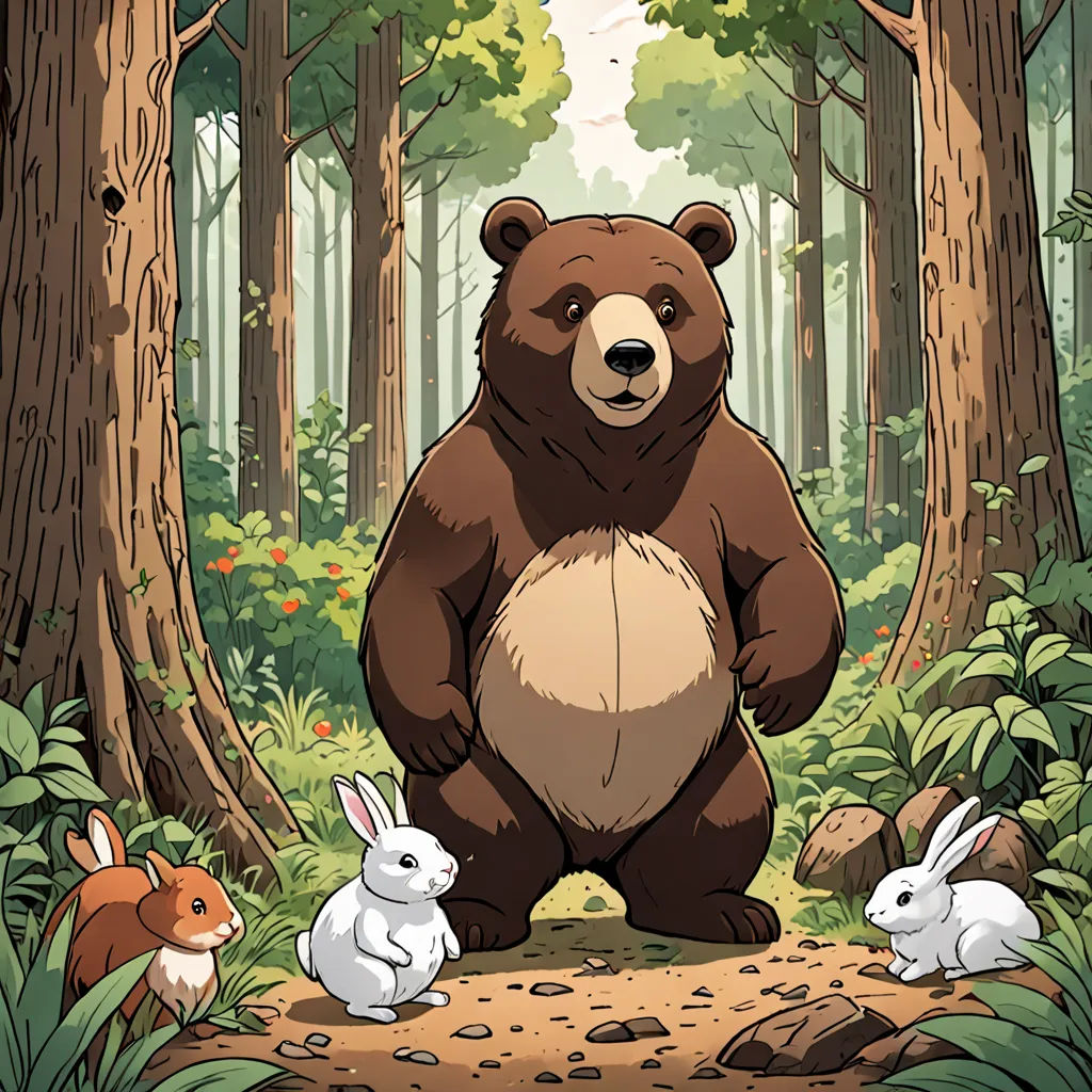a bear standing in the middle of a forest with two rabbits sitting on the ground next to it and a forest background, furry art, a storybook illustration, Dan Mumford, official art