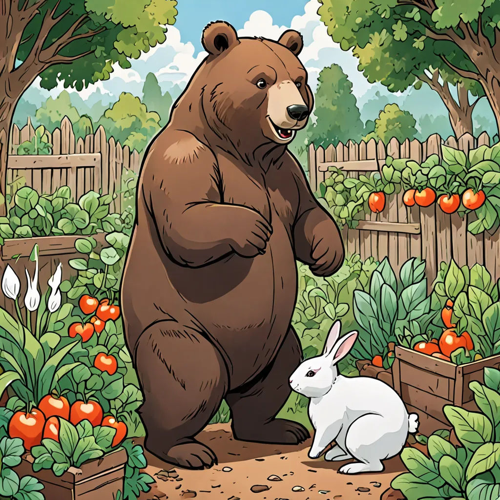 a bear and a rabbit in a garden with tomatoes and tomatoes on the trees and bushes behind them, and a fence and fence, furry art, a storybook illustration, Brom, storybook illustration
