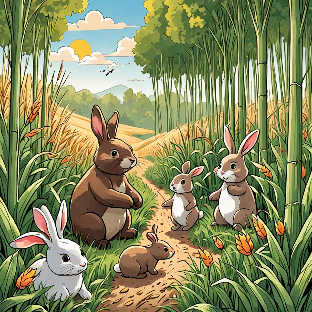 a group of rabbits sitting on a path in a forest with tall grass and trees, with a bird flying overhead, magical realism, a storybook illustration, Beatrix Potter, storybook illustration