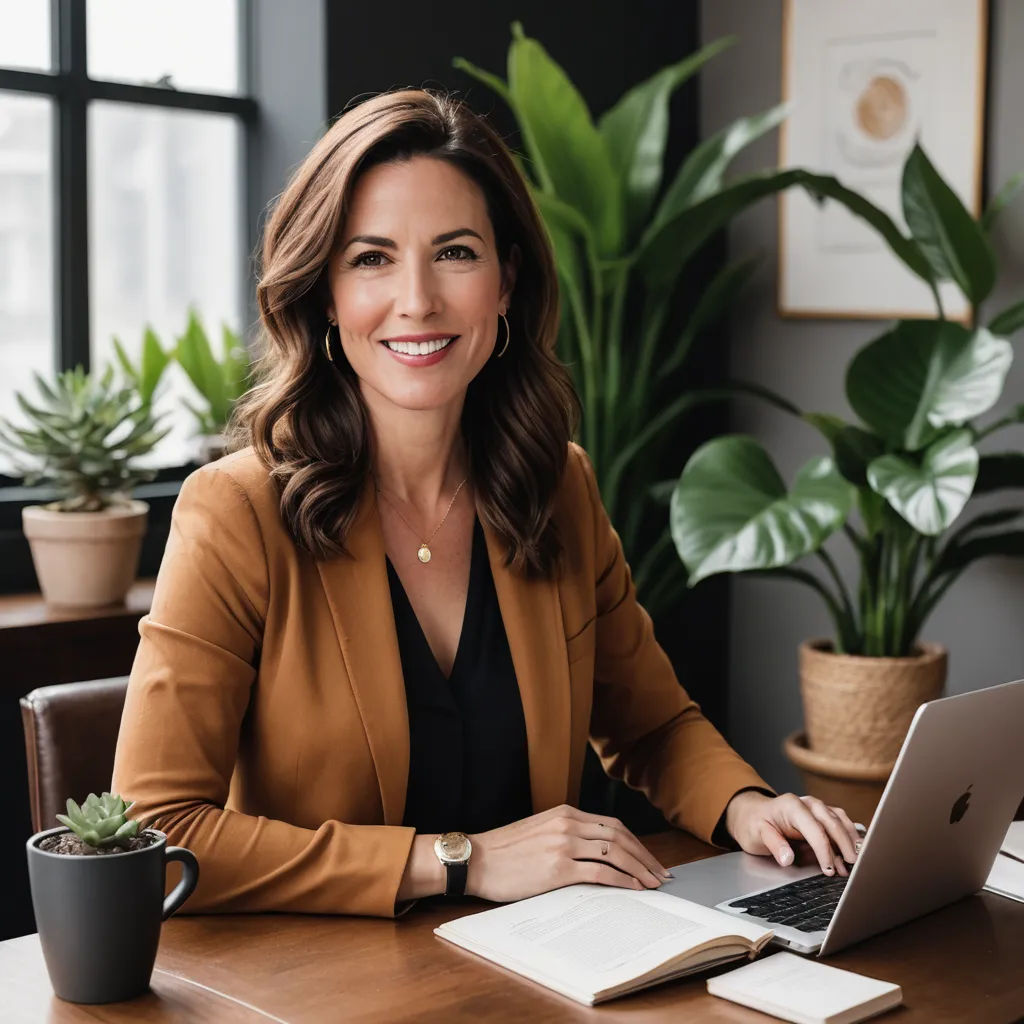 a woman sitting at a desk with a laptop computer and a plant in front of her on her desk, private press, a stock photo, Elaine Duillo, head and shoulders portrait