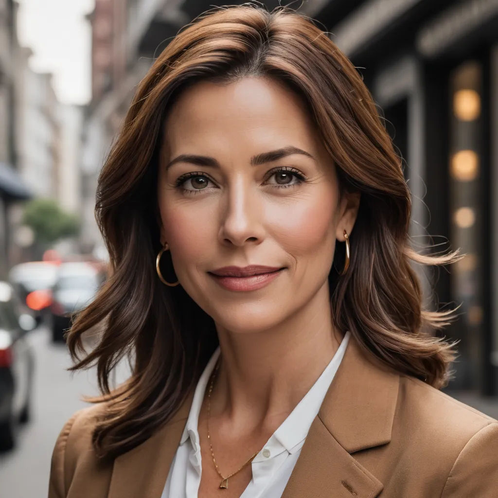 a woman in a tan jacket and white shirt is standing on a street corner with cars and buildings in the background, private press, a portrait, Brenda Chamberlain, promotional image