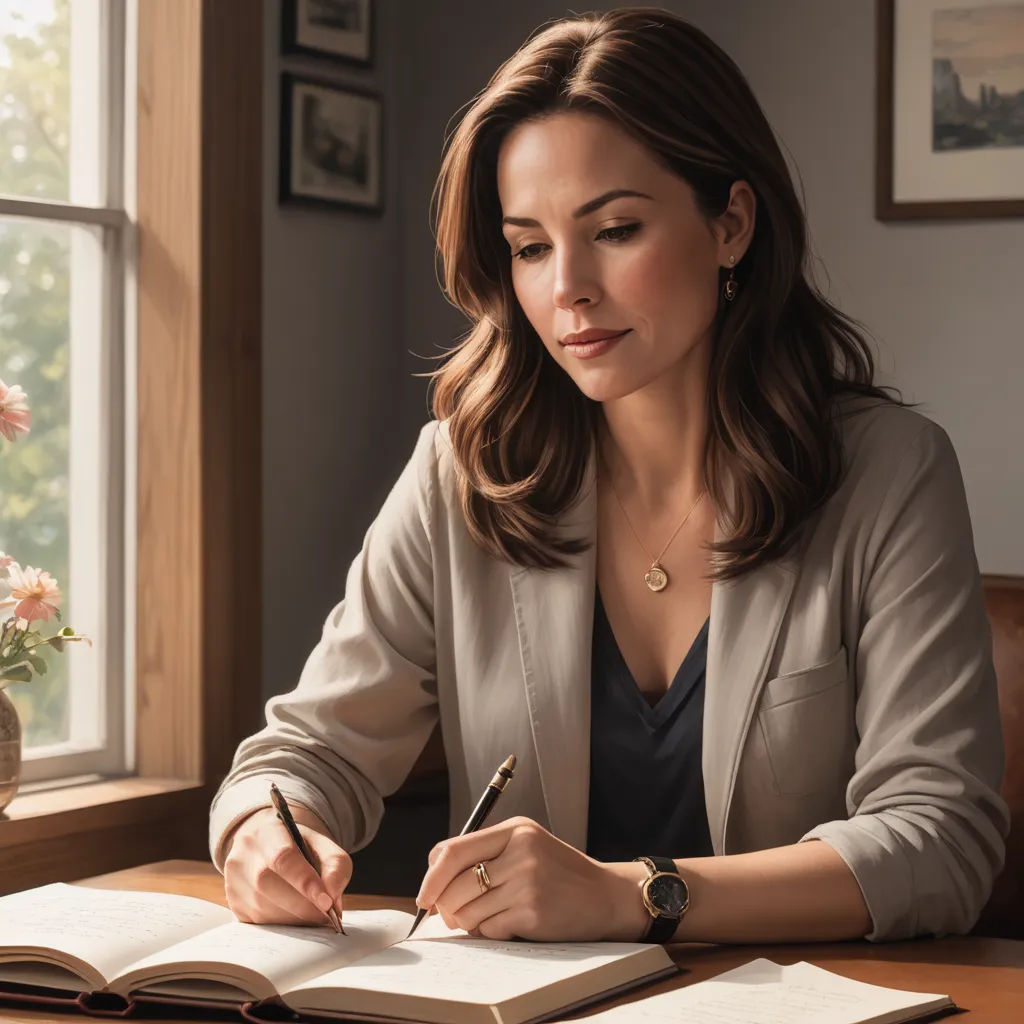 a woman sitting at a desk writing on a book with a pen and a vase of flowers in the background, lyco art, a photorealistic painting, Amy Weber, promotional image
