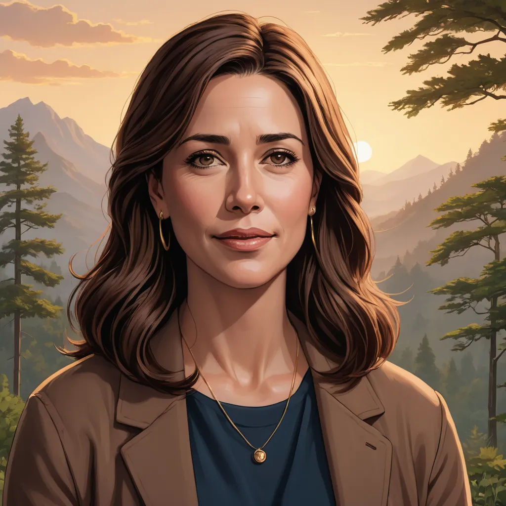 a painting of a woman in a brown jacket and a mountain scene in the background with trees and a sun, american realism, a character portrait, Dan Mumford, character portrait