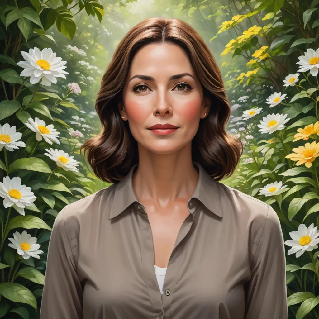 a woman standing in front of a painting of flowers and trees with a green background and a brown shirt, naturalism, a hyperrealistic painting, Brad Kunkle, highly detailed digital painting
