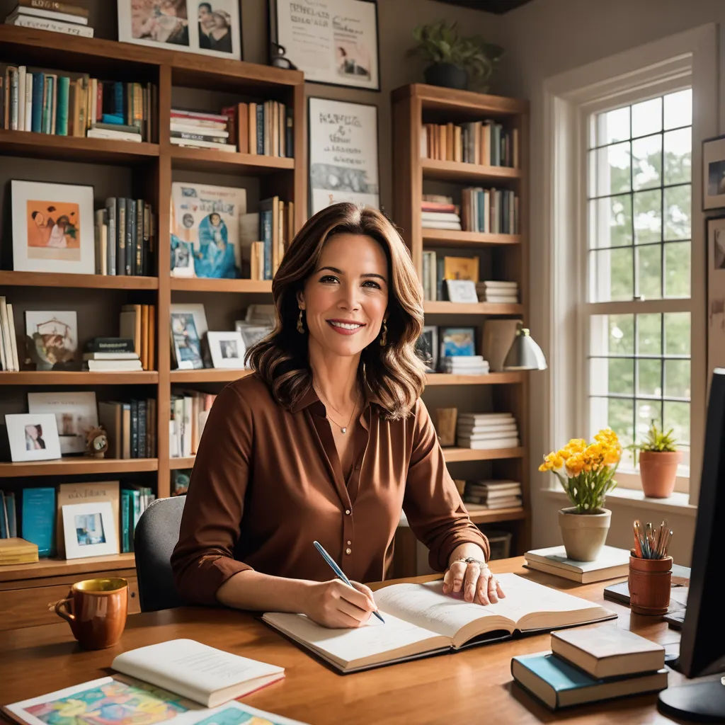 a woman sitting at a desk with a book and pen in her hand and a computer on the desk, private press, a stock photo, Brenda Chamberlain, promotional image