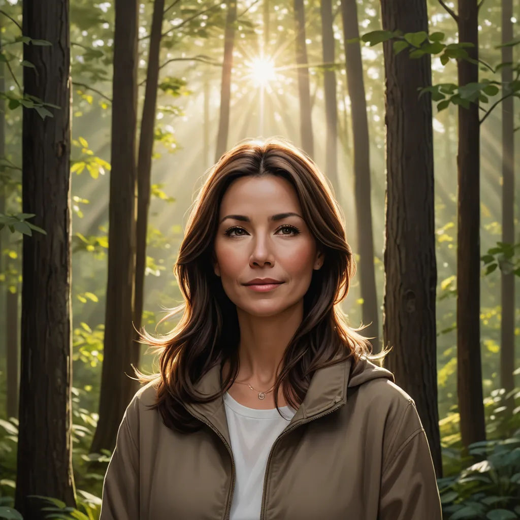 a woman standing in a forest with the sun shining through the trees behind her and her face slightly to the side, environmental art, a hyperrealistic painting, Eugeen Van Mieghem, promotional image