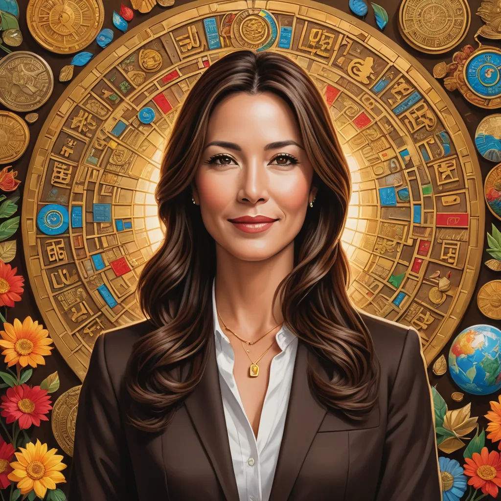 a woman in a suit and a golden circle with flowers around her and a gold medallion behind her, with a golden circle in the center, figurativism, a character portrait, Alex Grey, promotional image