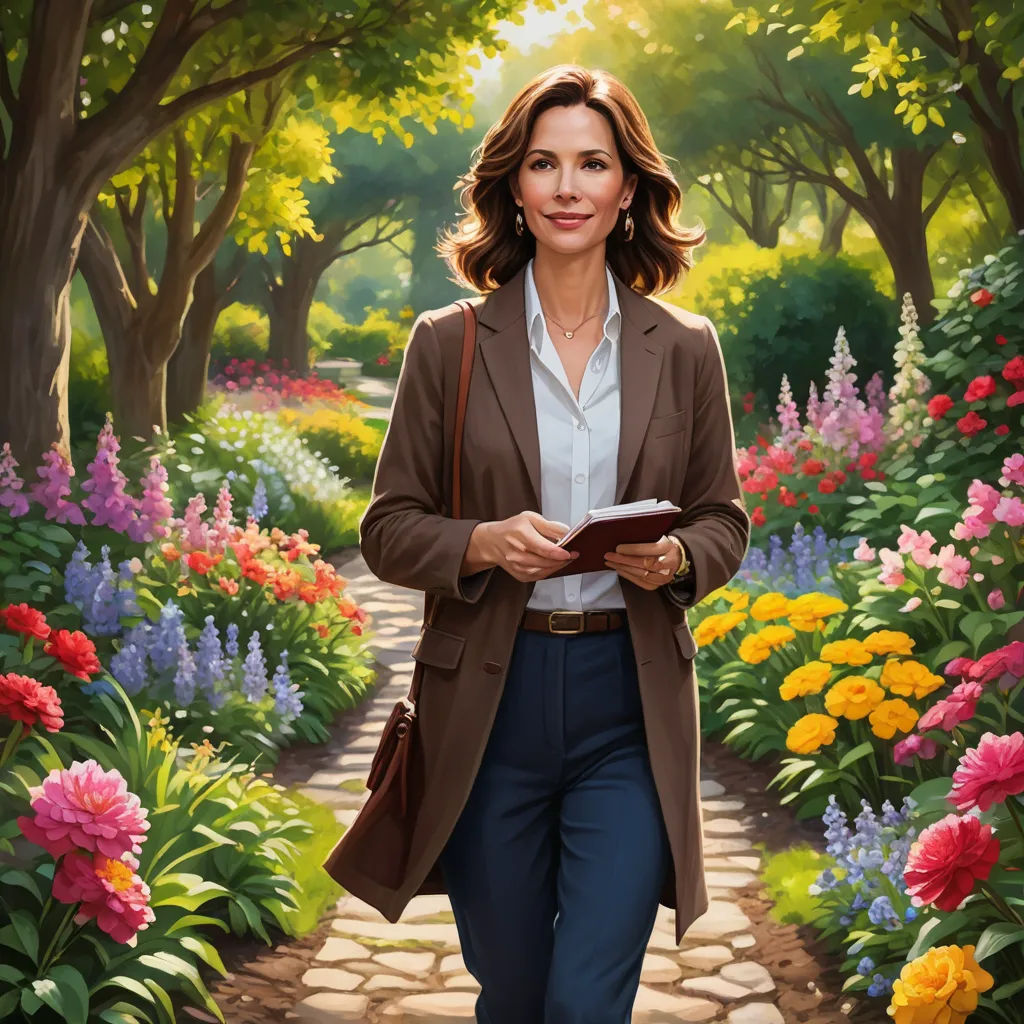 a painting of a woman walking through a garden with flowers and trees in the background and a path leading to a park, american scene painting, a character portrait, Constance Gordon-Cumming, kinkade