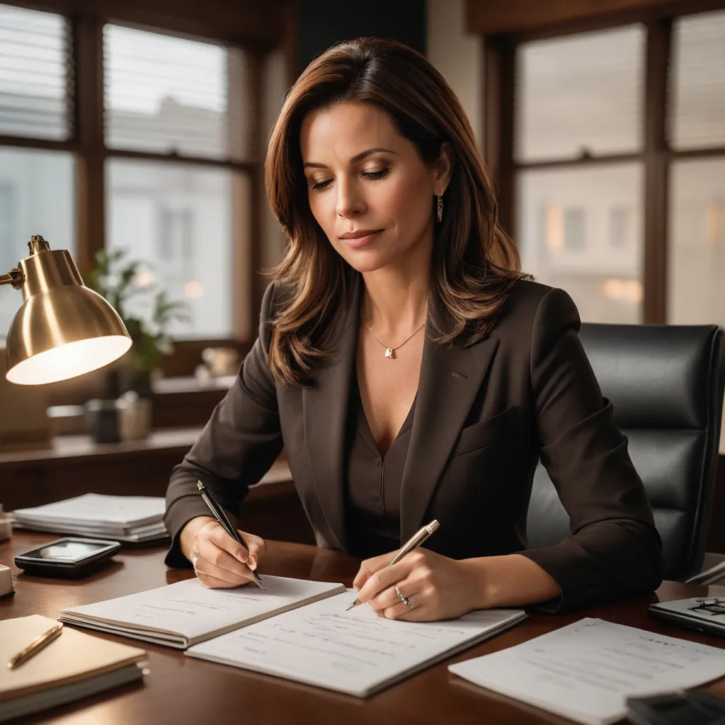 a woman in a suit is writing on a piece of paper at a desk with a lamp and a phone, private press, a stock photo, Everett Warner, promotional image