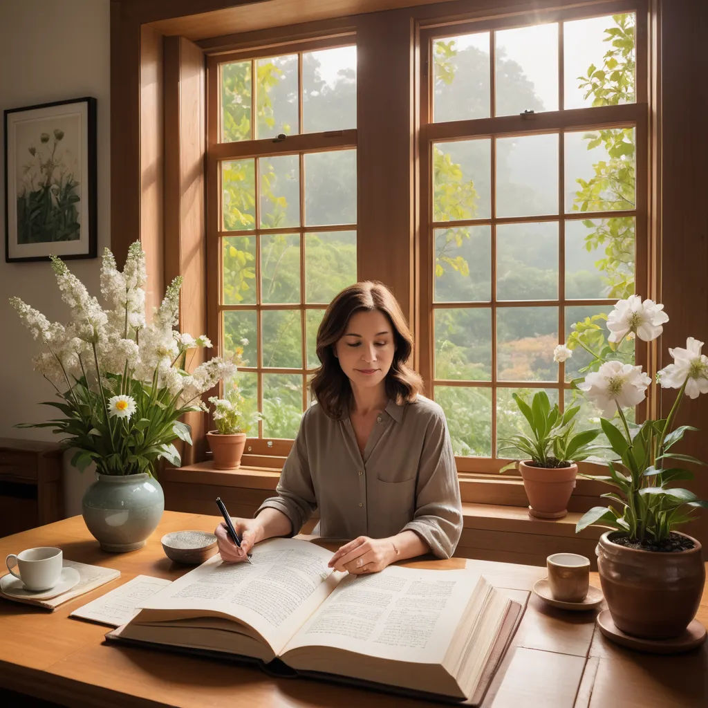 a woman sitting at a desk with a book and pen in front of a window with flowers in the background, arts and crafts movement, a still life, David Ligare, promotional image