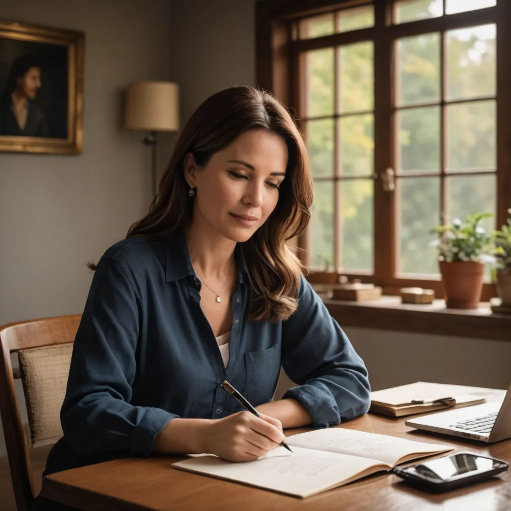 a woman sitting at a desk writing on a piece of paper with a cell phone and a lamp in the background, private press, a stock photo, Art & Language, promotional image