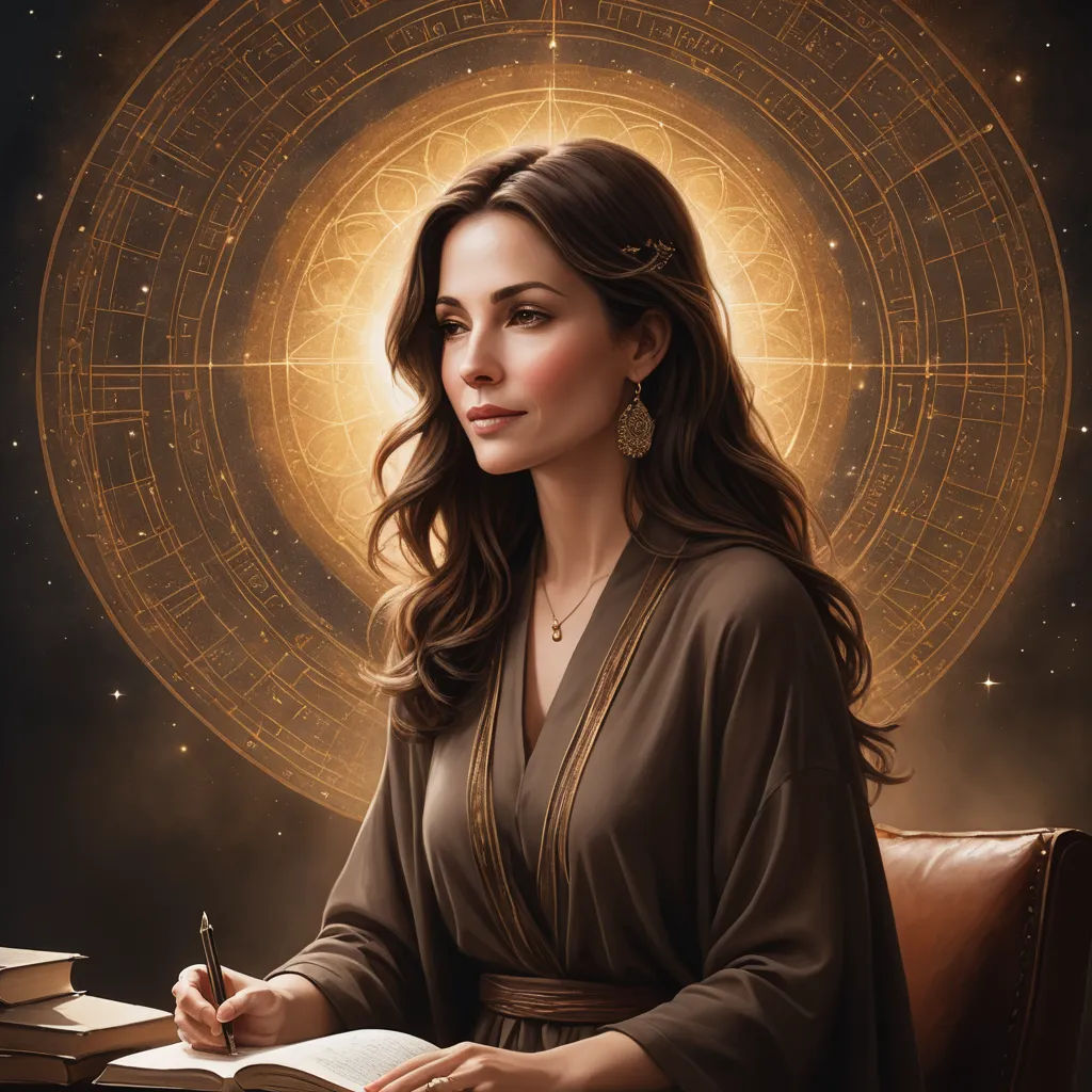 a woman sitting in a chair with a book and pen in her hand and a golden circle in the background, fantasy art, a detailed painting, Brad Kunkle, leesha hannigan