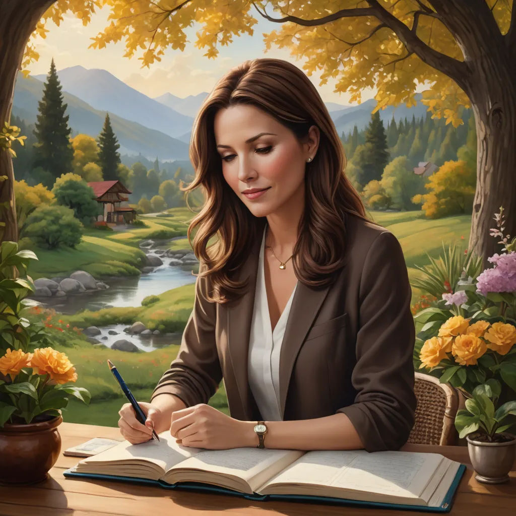 a woman sitting at a table writing in a book with a river and mountains in the background, with a forest scene behind her, fantasy art, a detailed painting, Christophe Vacher, kinkade